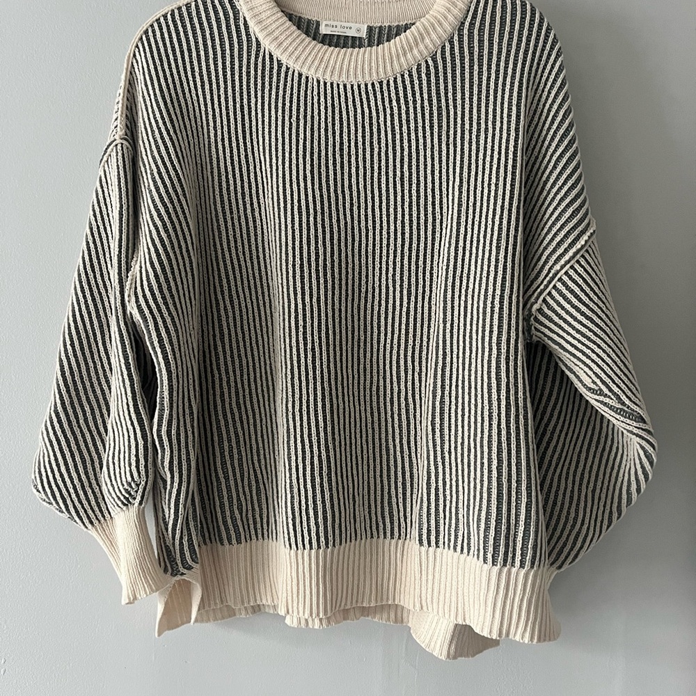 Elegant Black and Cream Striped Women's Sweater